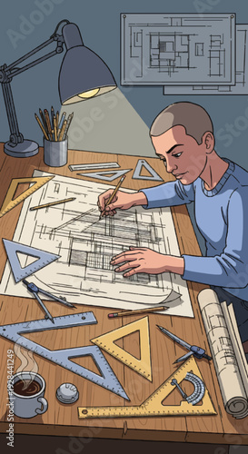A focused architect or student meticulously drawing blueprints and technical plans at a desk illuminated by a lamp, surrounded by drafting tools and a steaming cup of coffee.