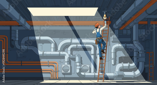 An illustration of a worker on a ladder performing maintenance on a light fixture in an industrial room with many pipes and a strong beam of light.