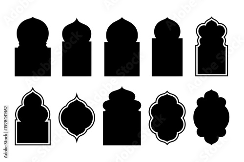 Islamic arch window frame silhouettes set, ornamental mosque niche shapes in black and white vector icons isolated featuring silhouette, icon, ornament with arabic and moroccan elements for mughal,