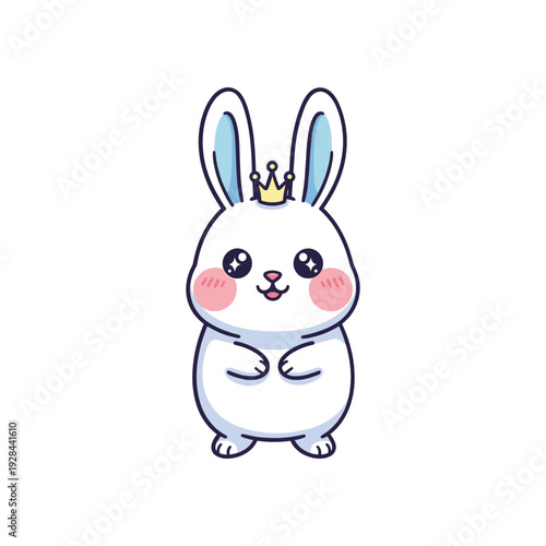 Cute white cartoon rabbit with golden crown and pink cheeks