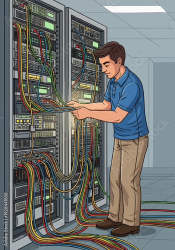 A man in a blue polo shirt and khaki pants is meticulously organizing a tangled mess of colorful network cables in a server rack, demonstrating IT infrastructure management.
