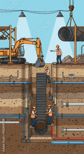 Construction workers installing underground pipes in a deep trench with heavy machinery and existing utility lines, illustrating infrastructure development.