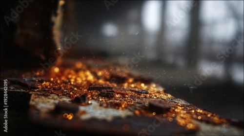 Close-up macro view of tarnished metal detritus scattered across a dusty, textured surface