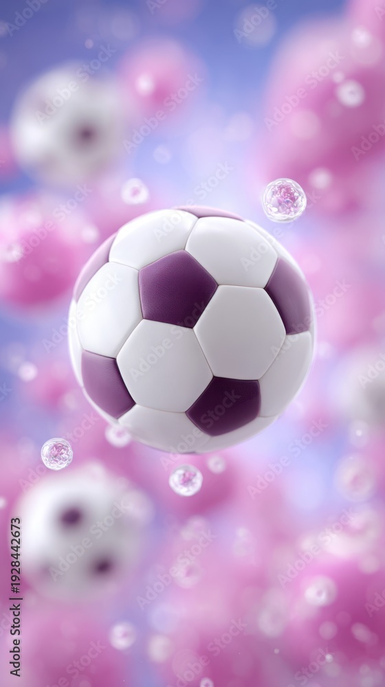 Naklejka premium Soccer ball in motion surrounded by colorful bubbles and soft pink background, showcasing dynamic design elements and vibrant colors