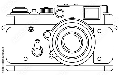 An intricate monochrome illustration capturing the timeless allure of a classic film photography device, meticulously detailed for design projects, evoking vintage charm and the craft of image-making