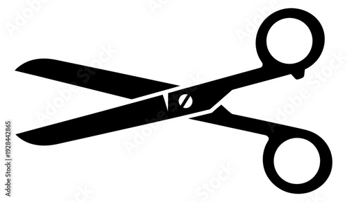 A black silhouette of a pair of open scissors, meticulously crafted for precision cutting tasks, symbolizing tools for creativity, crafting, and professional salon services for hair and fabric
