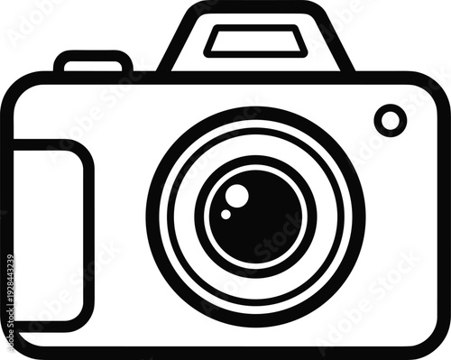 Black camera icon representing photography equipment and media concept, minimalist line art symbol isolated on white background vector illustration