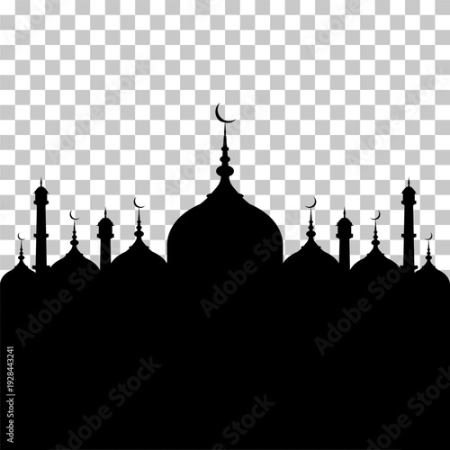 Black silhouette of a mosque with multiple domes and minarets against a transparent background, featuring crescent moons.
