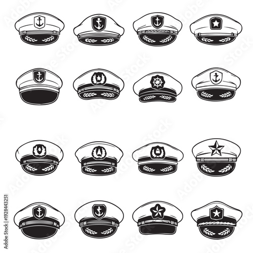 Collection of Captain Hats with Nautical Emblems and Laurel Wreaths Vector Graphics