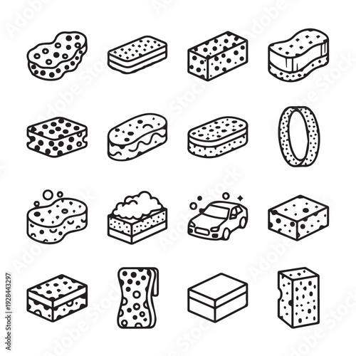 Collection of car washing sponges and foam hand-drawn icons isolated on white background stock illustration