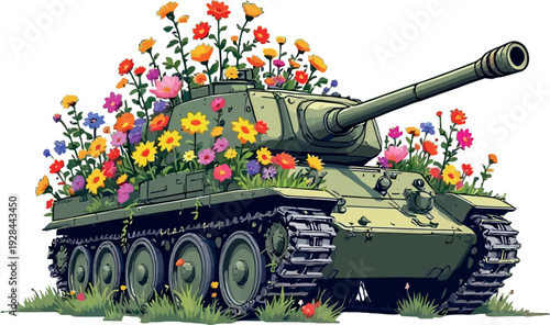 Vsai tank growing colorful flowers symbolizing peace and new life
