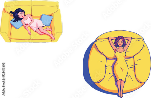 Vsai women relaxing at home on couch and bean bag chair