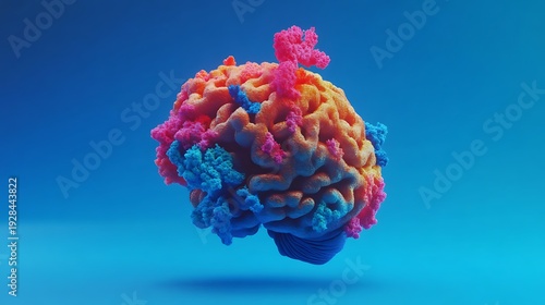 Vibrant colorful brain floating on blue gradient background with shadow
