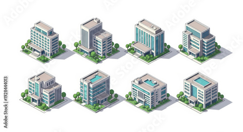 Isometric office buildings set for city construction