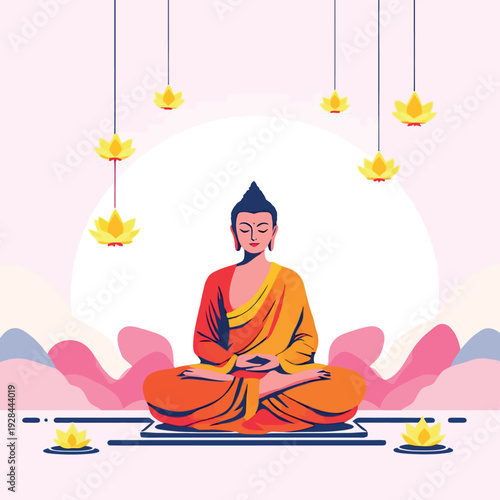 Vsai buddha meditating in a zen lotus garden