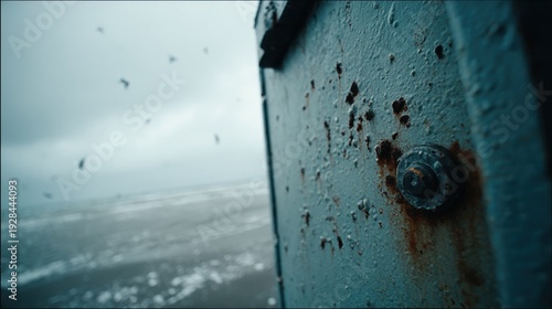 Close-up of weathered metallic surface with rust and corrosion against a stormy sea background