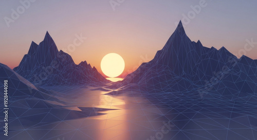 Serene mountain landscape at sunrise with calm water reflection and majestic peaks in soft morning light