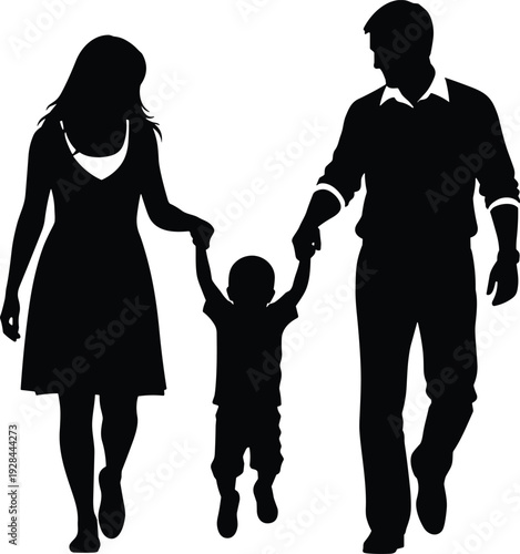 Family walking together silhouette icon representing parenting love and unity concept, minimalist black mother father and child isolated on white background