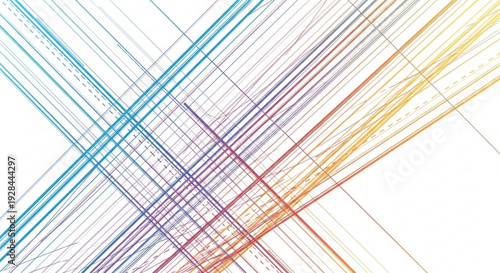 Colorful intersecting lines in blue purple red orange and yellow hues on white background creating dynamic abstract pattern