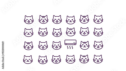 Playful array of stylized cat faces in a grid layout with varying expressions Vector