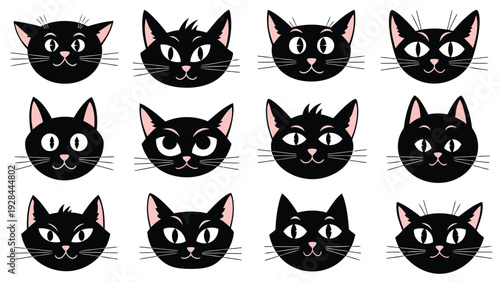 Mysterious array of black cats in symmetrical grid formation against white background Vector