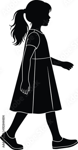 Little girl walking silhouette icon representing childhood innocence and daily life concept, minimalist black child figure isolated on white background
