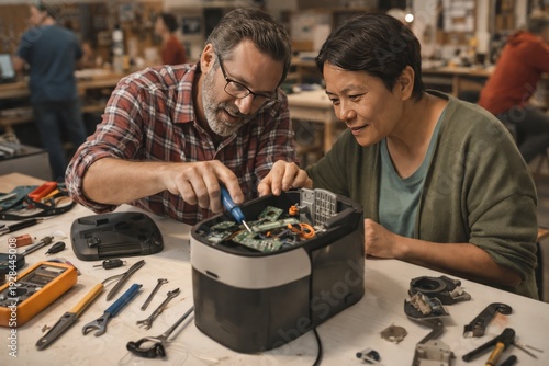 Couple repairing small appliance in workshop together