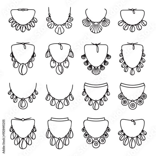 Collection of Hand Drawn Seashell and Bead Necklaces Fashion Accessories Stock Illustration