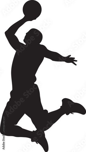 Silhouette Basketball Player Dunking Action Isolated on White Background Dynamic Sports