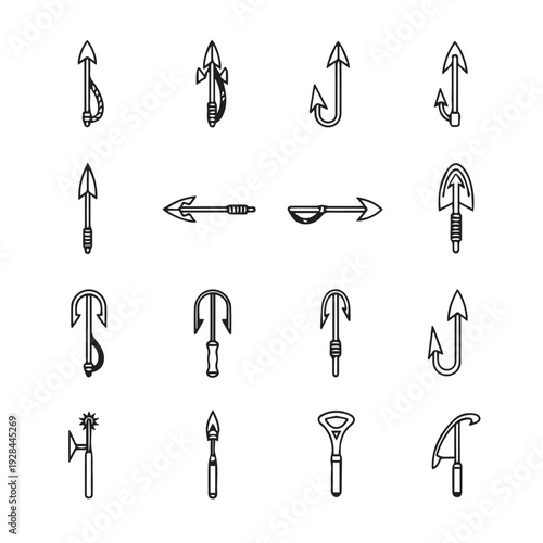 Collection of Fishing Hooks and Harpoons Arrows and Tools Icons