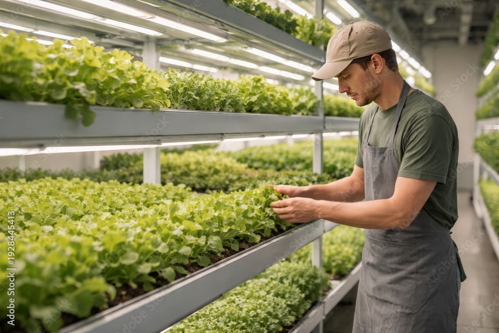 Obraz premium Worker inspecting leafy greens in vertical hydroponic farm