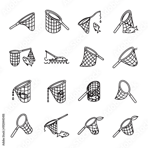 Collection of Fishing Nets and Caught Fish Icons Simple Line Art