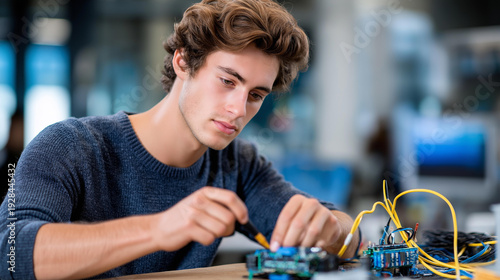 Wallpaper Mural Faceless young man focused on drone repair with screwdriver, engaged in technology, engineering, hobby electronics, defocused background, with copy space Torontodigital.ca