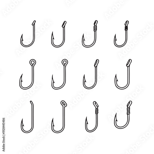 Collection of Fishing Hooks Variety Set Isolated on White Background Fishing Gear Components