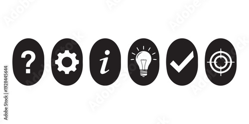 A set of five black and white icons representing different concepts
