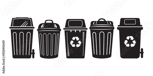 Five different types of trash cans for recycling and waste management