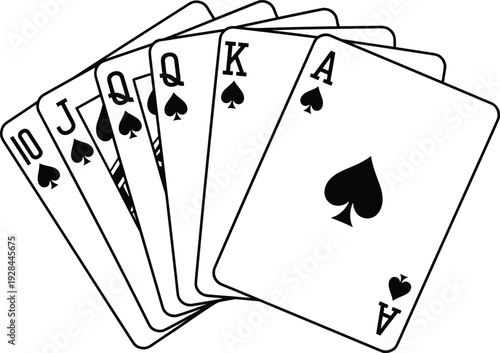 Royal flush playing cards icon representing poker gambling casino game concept, minimalist black spade suit illustration isolated on white background