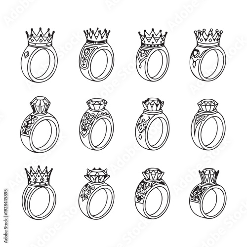 Collection of Hand Drawn Crown and Gemstone Rings in a Grid Layout Stock Illustration