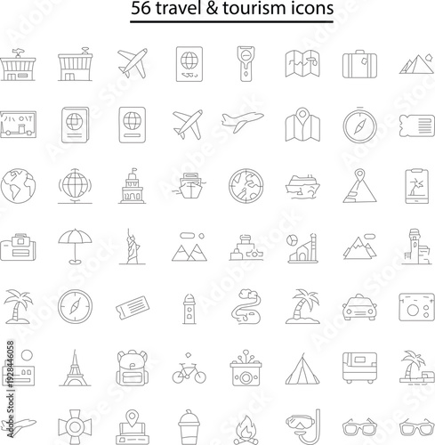 Travel and tourism icons set. Editable line icons. Vector illustration.