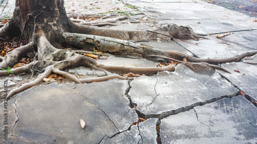 Fototapeta premium Cracked pavement with exposed tree roots. The scene shows a large tree with thick roots breaking through the concrete surface, indicating natural growth and urban interaction.