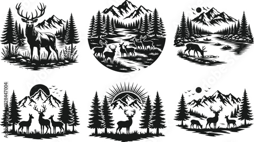 Majestic Stag and Deer in Mountain Forest Landscapes Vector Illustration Flat Design