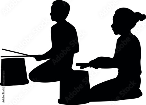 children playing drum, silhouette vector
