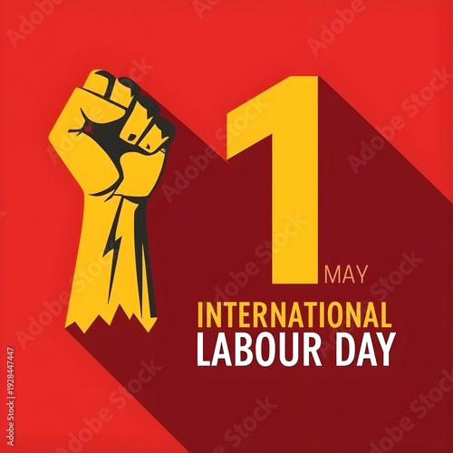 Happy International Workers Day concept with labor symbols and industrial background