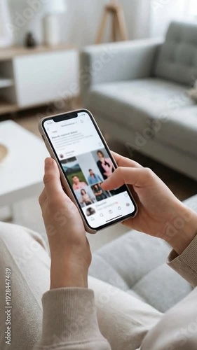 Person holds smartphone scrolling through social media feed in comfortable living room setting