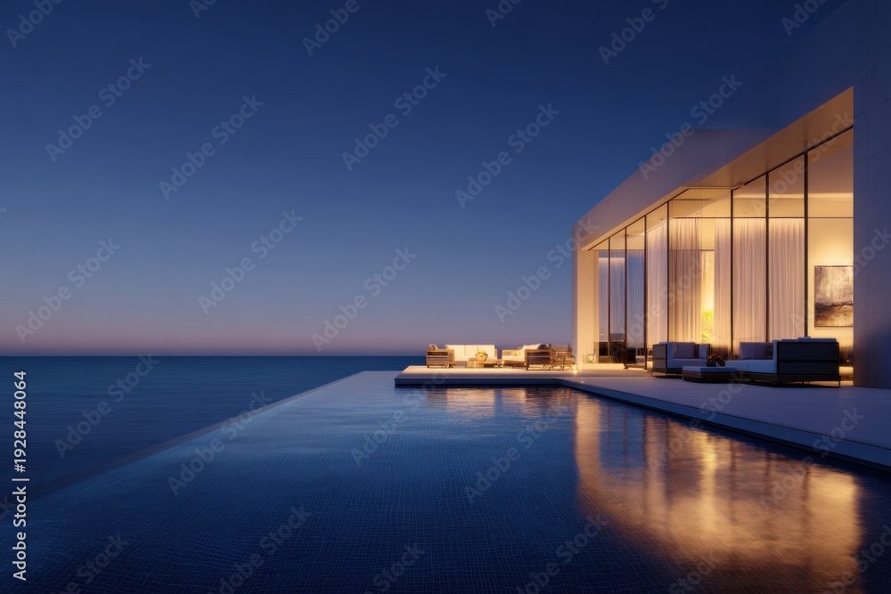 Obraz premium Sophisticated Glassfronted Residence Featuring Serene Infinity Pool And Contemporary Interior Ambiance