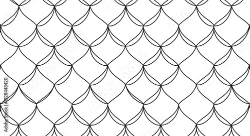 Hand drawn black and white illustration of a fishing net pattern on a plain background