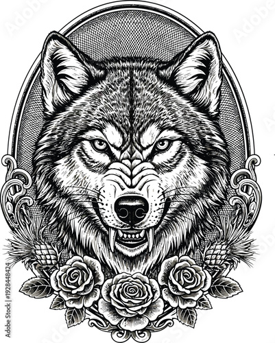 Intricate black and white drawing of a fierce wolf head surrounded by a floral rose frame.
