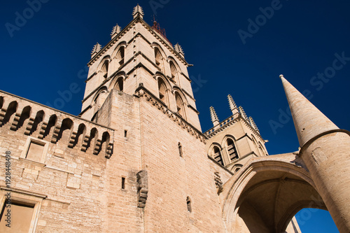 St. Peter's Cathedral in Montpellier, notable for its Gothic architecture, characterized by its two massive towers on the main façade, city of Montpellier, France.