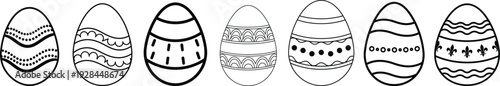 A collection of seven uniquely decorated easter eggs with various patterns