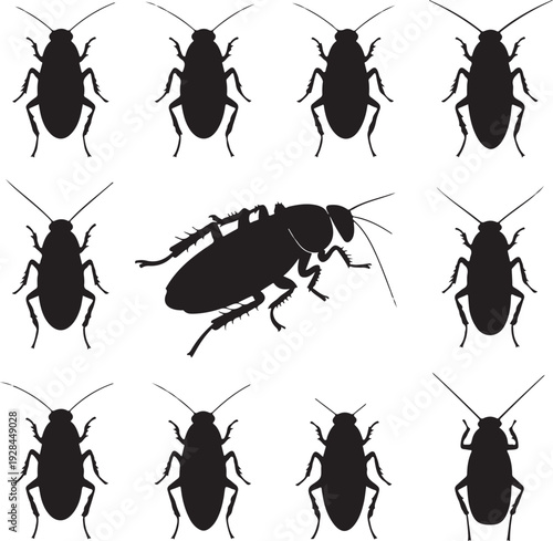 cockroaches in a grid pattern one central insect Black silhouette set